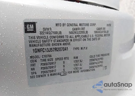 2007 Chevrolet Tahoe Lt из США, поврежденный, VIN 1GNFC13J57R207041